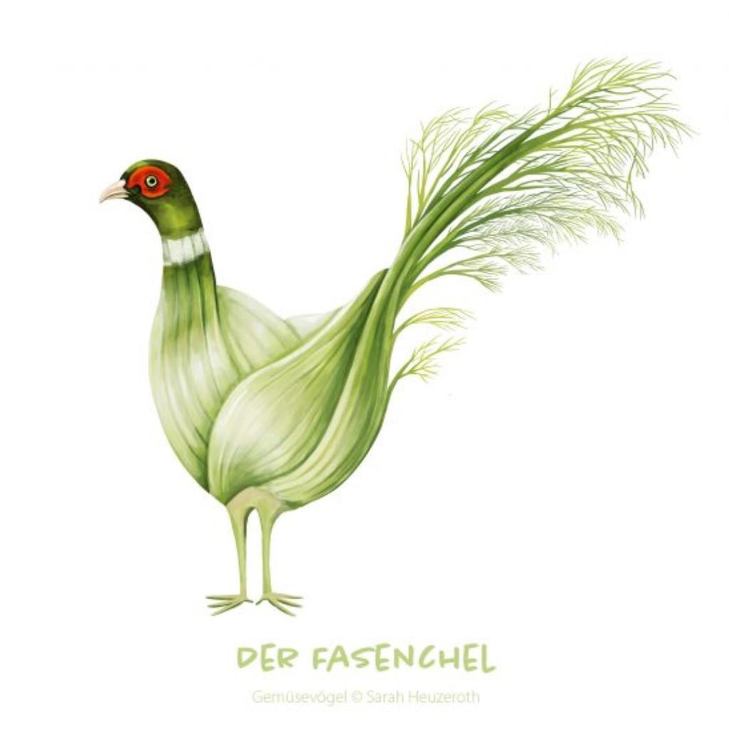 Postkarte Gemüsevögel Fasenchel Illustration