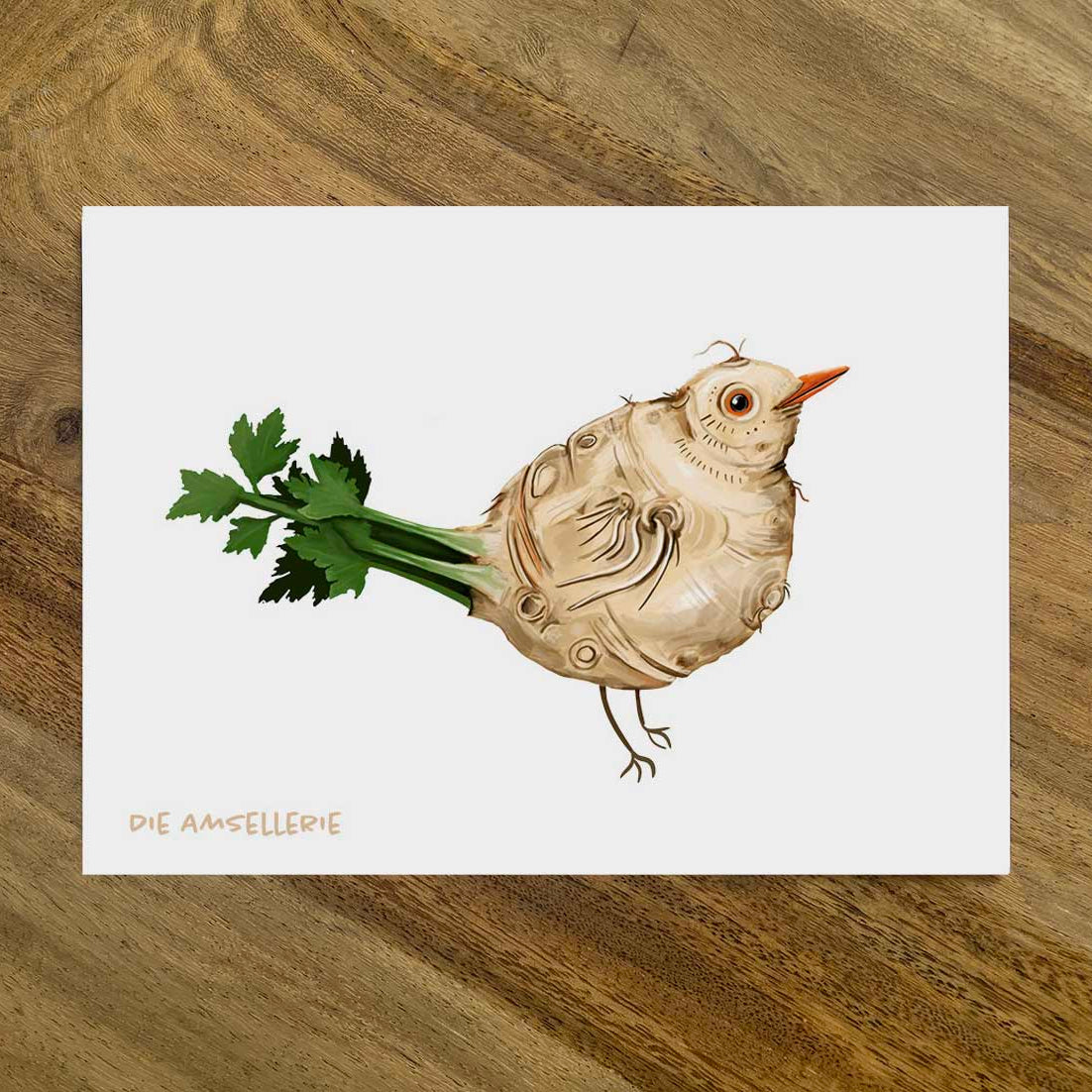 Postkarte Gemüsevögel Amsellerie Illustration