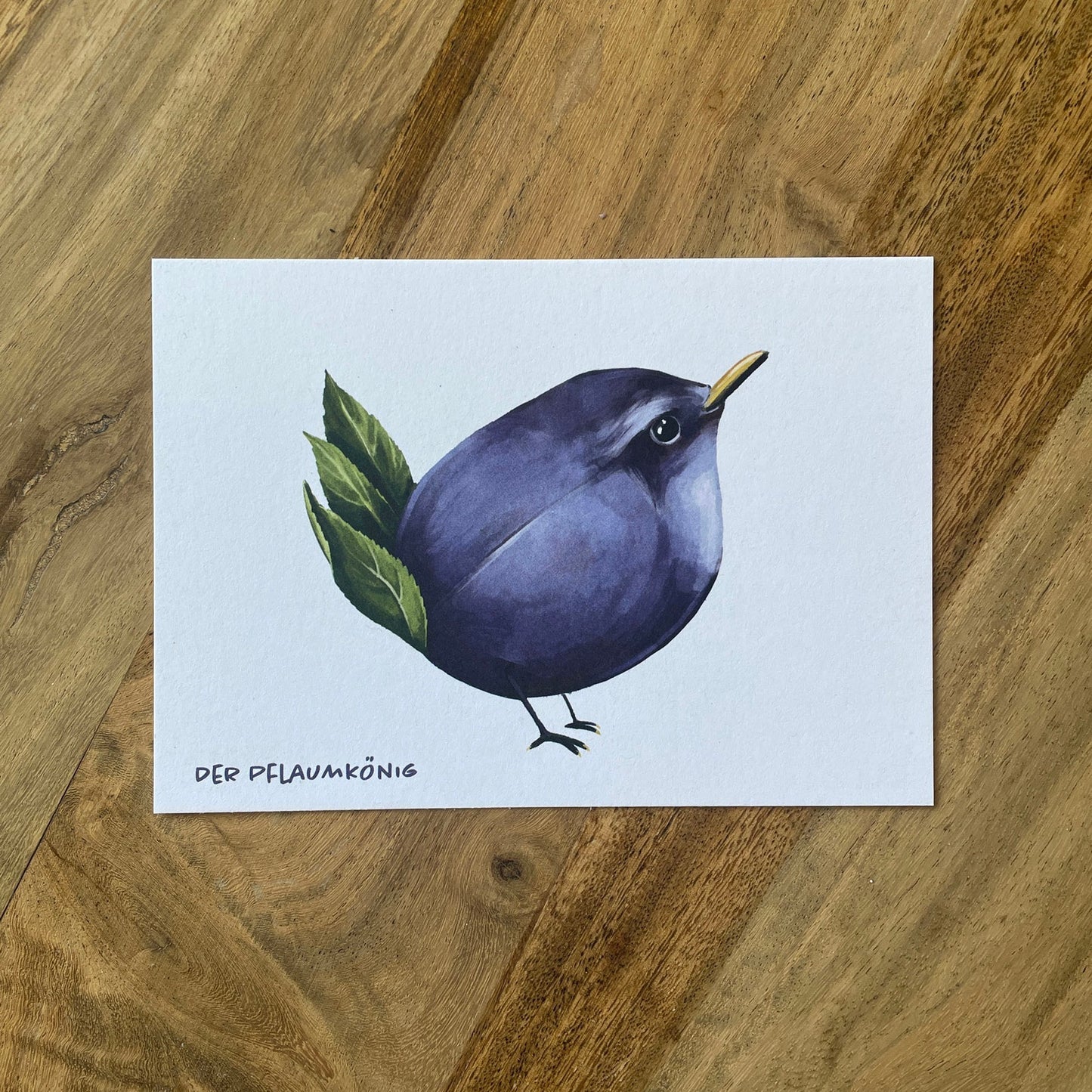 Postkarte Gemüsevögel Pflaumkönig Illustration