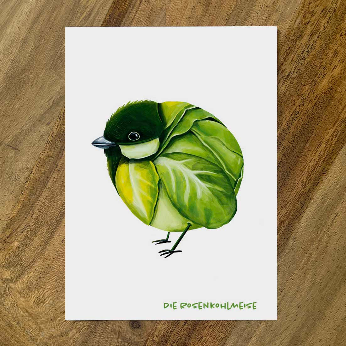 Postkarte Gemüsevögel Rosenkohlmeise Illustration