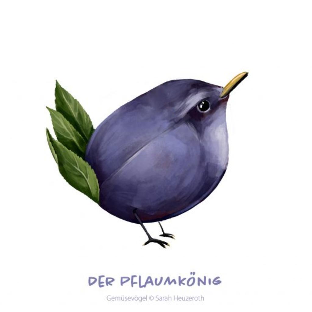 Postkarte Gemüsevögel Pflaumkönig Illustration