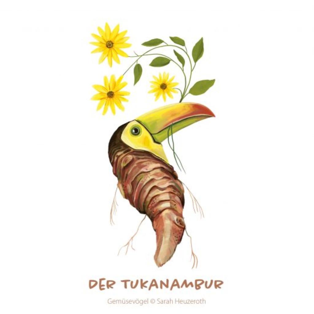 Postkarte Gemüsevögel Tukanambur Illlustration