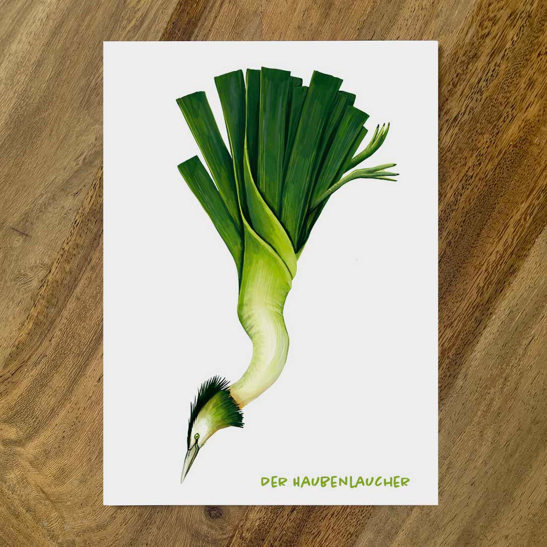 Postkarte Gemüsevögel Haubenlaucher Illustration