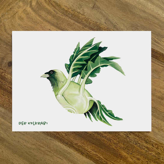 Postkarte Gemüsevögel Kolkrabi Illustration