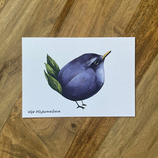 Postkarte Gemüsevögel Pflaumkönig Illustration