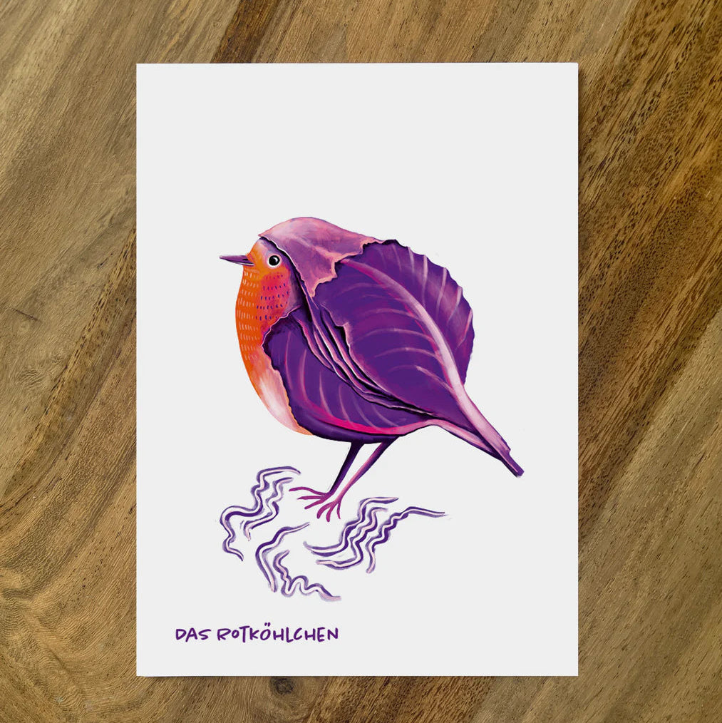 Postkarte Gemüsevögel Rotköhlchen Illustration