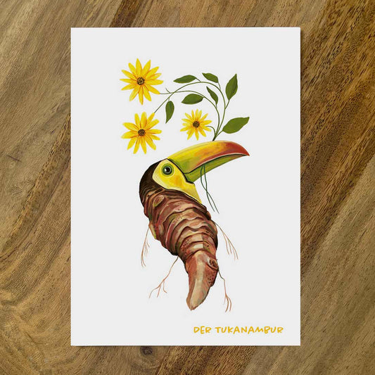 Postkarte Gemüsevögel Tukanambur Illlustration