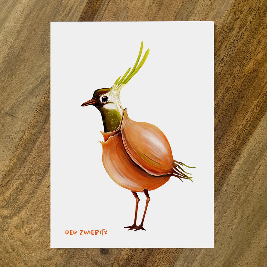 Postkarte Gemüsevögel Zwiebitz Illustration