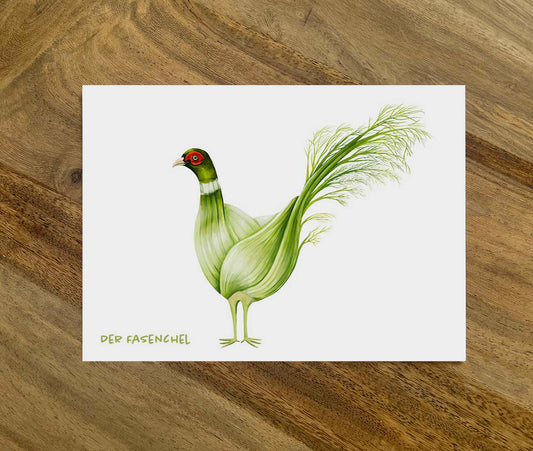 Postkarte Gemüsevögel Fasenchel Illustration