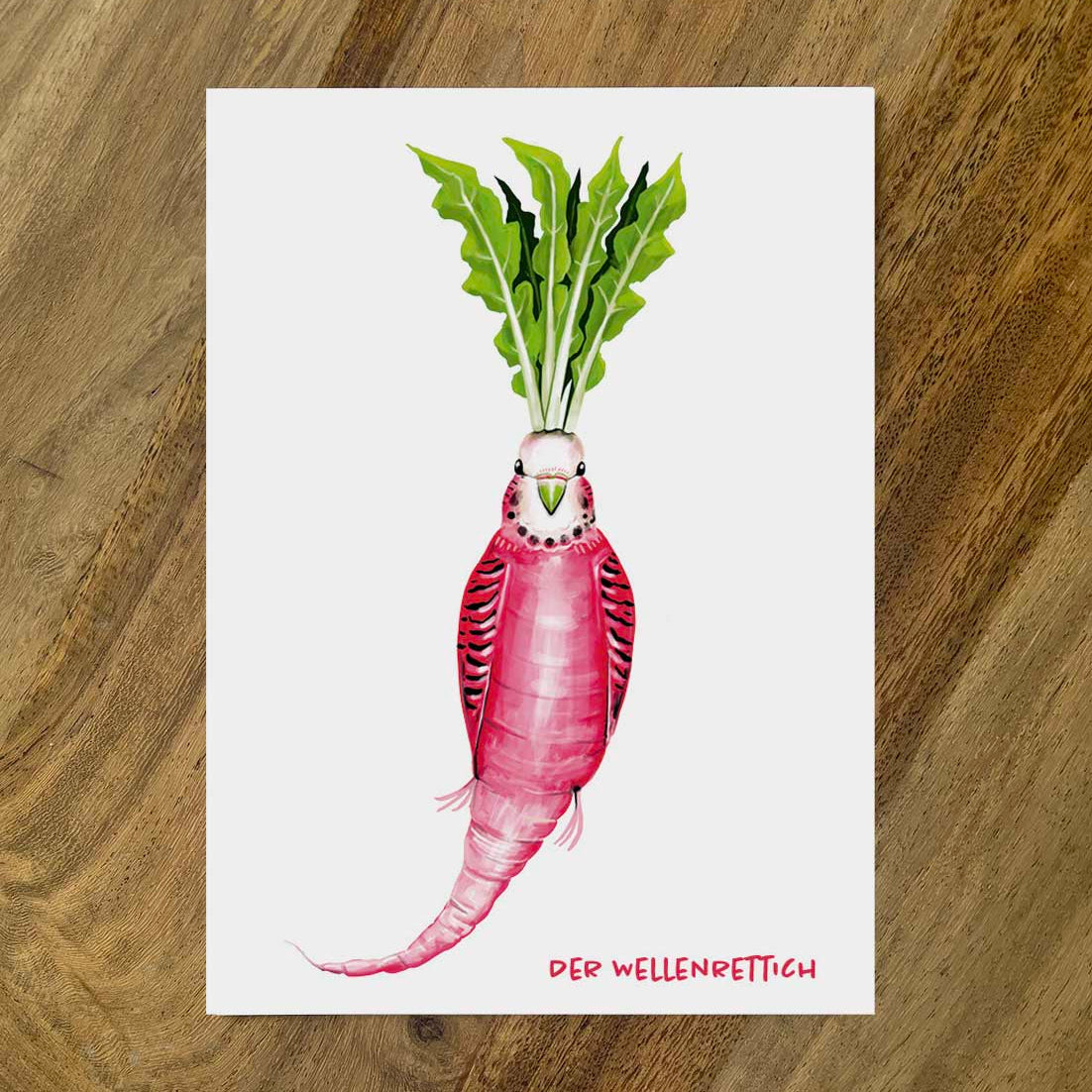Postkarte Gemüsevögel Wellenrettich Illustration