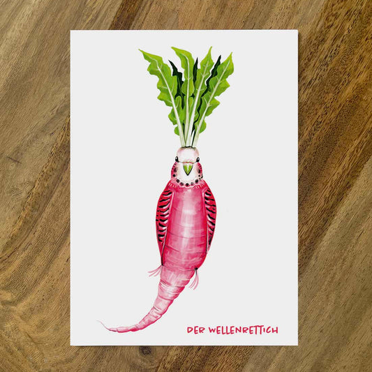 Postkarte Gemüsevögel Wellenrettich Illustration