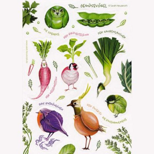 Stickerbogen Gemüsevögel Illustration
