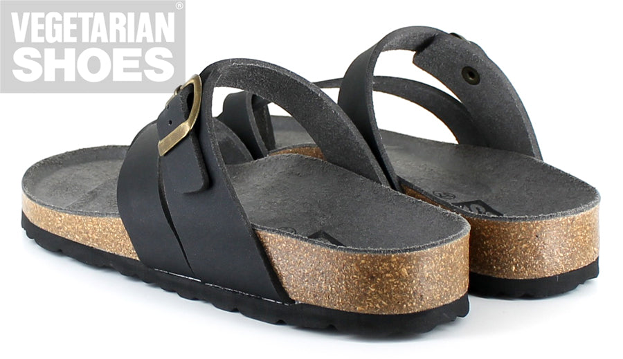 Vegetarian Shoes Toe Strap Sandal schwarz – vegane Zehensteg-Sandalen mit Korkfußbett